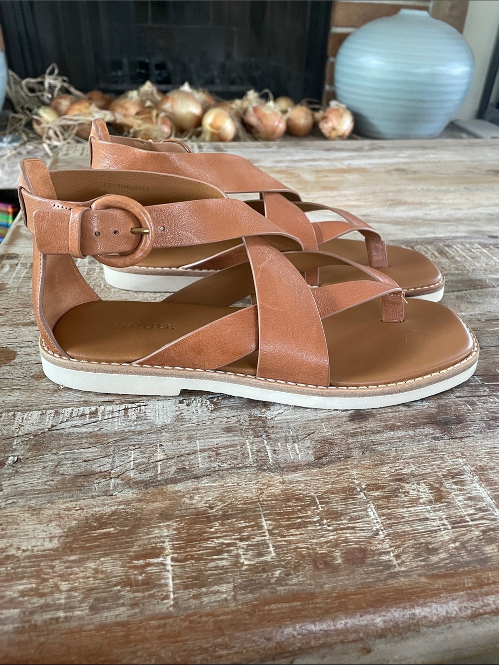 Vince Tan Leather Strappy Sandals with Buckle
